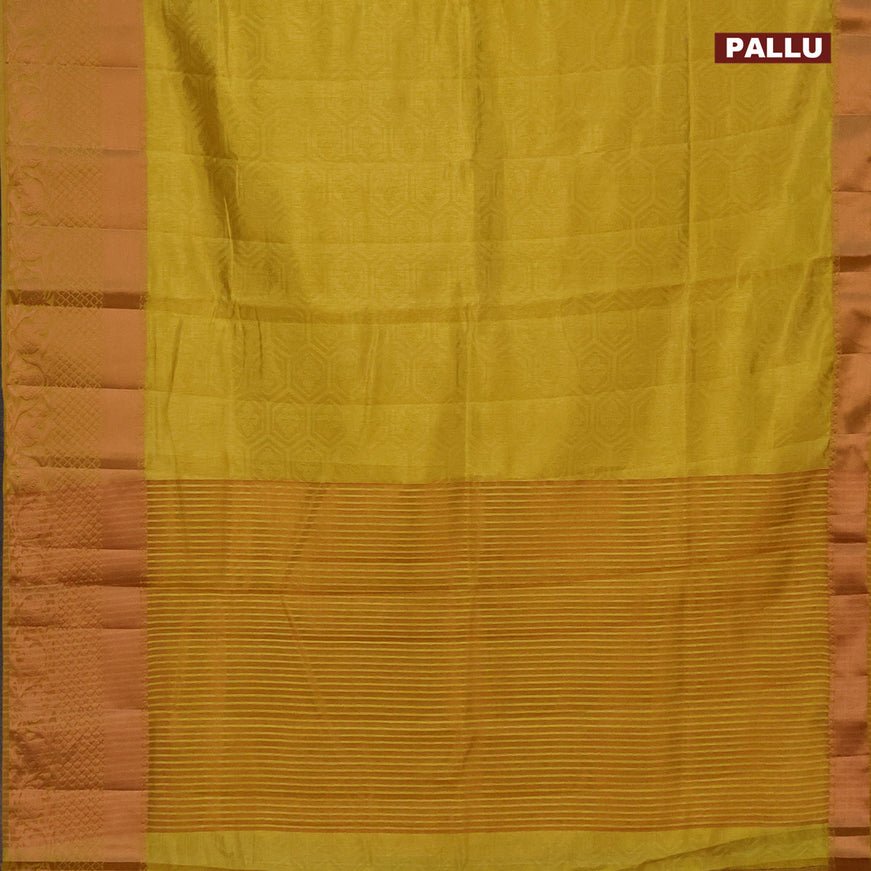 Semi raw silk saree yelloe with allover self emboss and long copper zari woven border