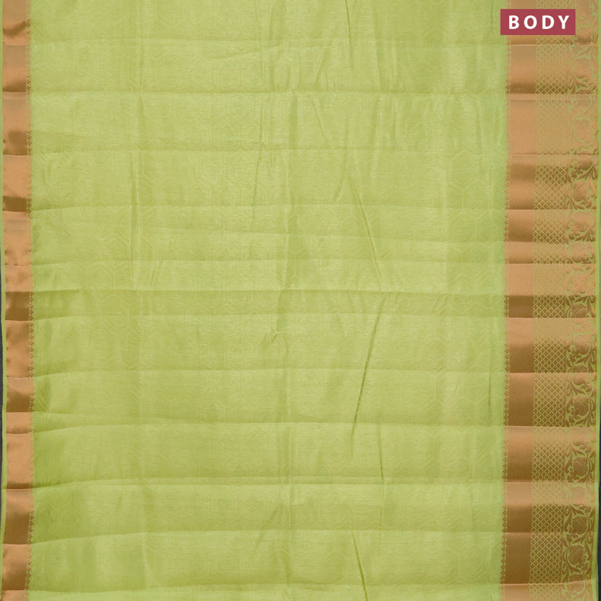 Semi raw silk saree light green with allover self emboss and long copper zari woven border