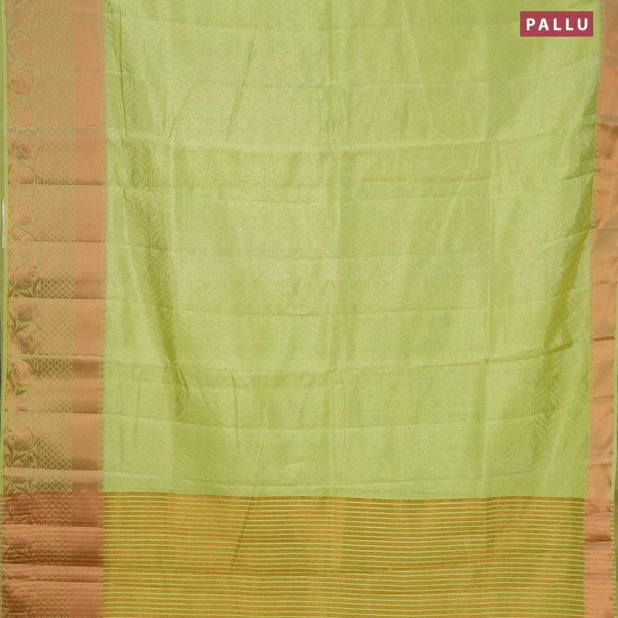 Semi raw silk saree light green with allover self emboss and long copper zari woven border