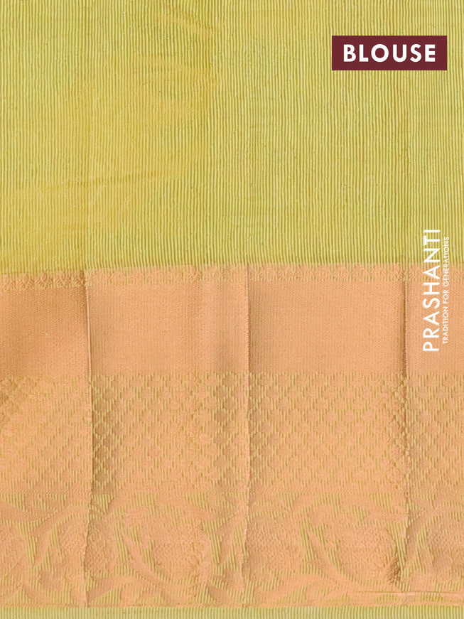 Semi raw silk saree light green with allover self emboss and long copper zari woven border