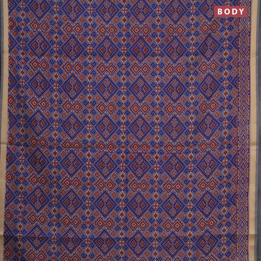 Muslin cotton saree blue and grey shade with allover ikat prints and zari woven border