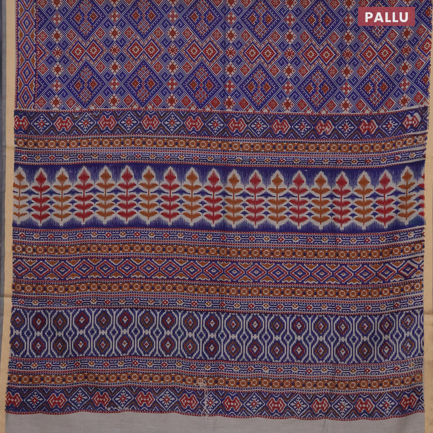 Muslin cotton saree blue and grey shade with allover ikat prints and zari woven border