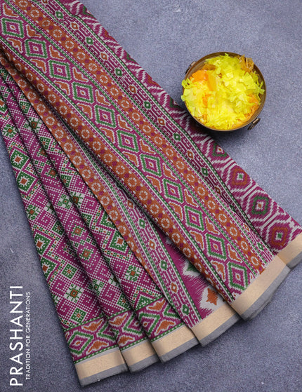 Muslin cotton saree purple and grey shade with allover ikat prints and zari woven border