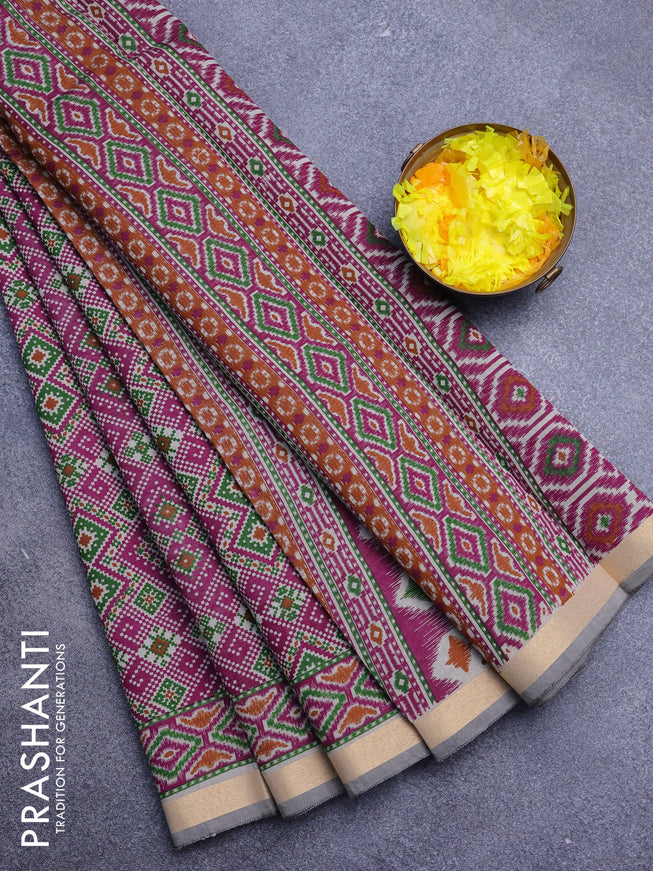 Muslin cotton saree purple and grey shade with allover ikat prints and zari woven border