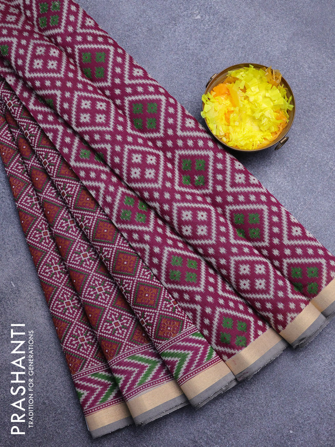 Muslin cotton saree dark magenta and chikku shade with allover ikat prints and zari woven border