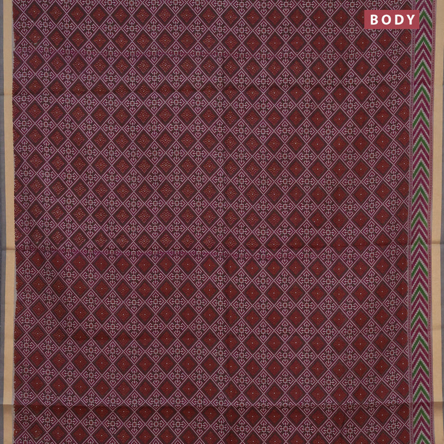 Muslin cotton saree dark magenta and chikku shade with allover ikat prints and zari woven border