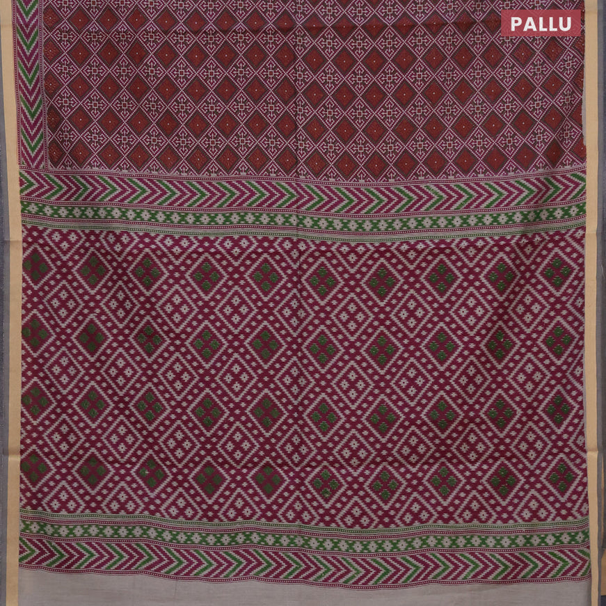 Muslin cotton saree dark magenta and chikku shade with allover ikat prints and zari woven border