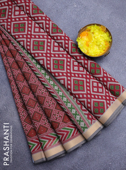 Muslin cotton saree maroon and grey shade with allover ikat prints and zari woven border