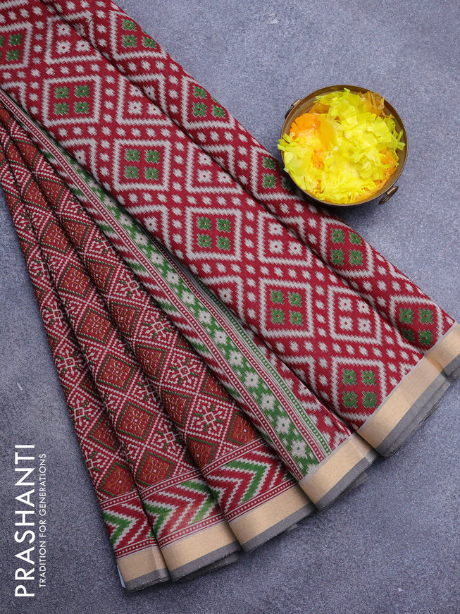 Muslin cotton saree maroon and grey shade with allover ikat prints and zari woven border