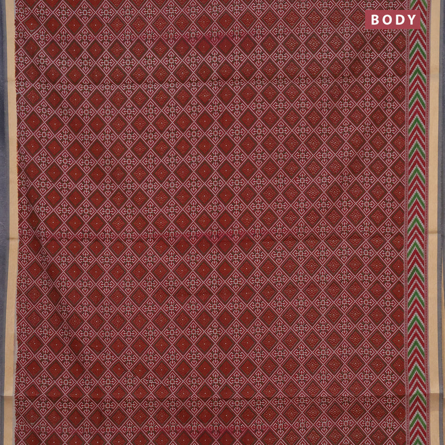 Muslin cotton saree maroon and grey shade with allover ikat prints and zari woven border