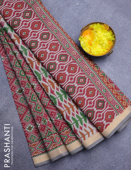 Muslin cotton saree maroon and grey shade with allover ikat prints and zari woven border