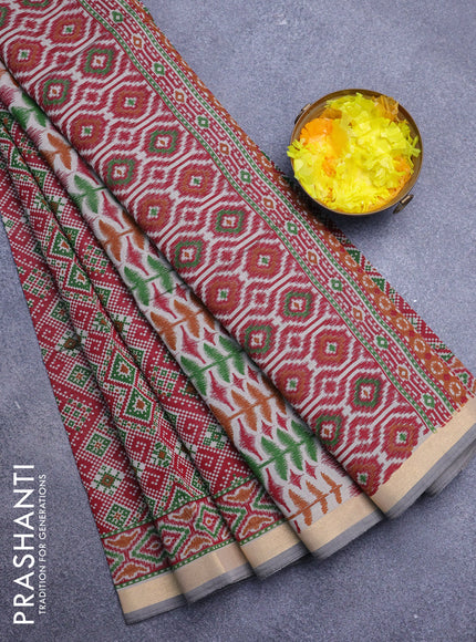 Muslin cotton saree maroon and grey shade with allover ikat prints and zari woven border