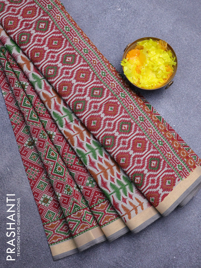 Muslin cotton saree maroon and grey shade with allover ikat prints and zari woven border