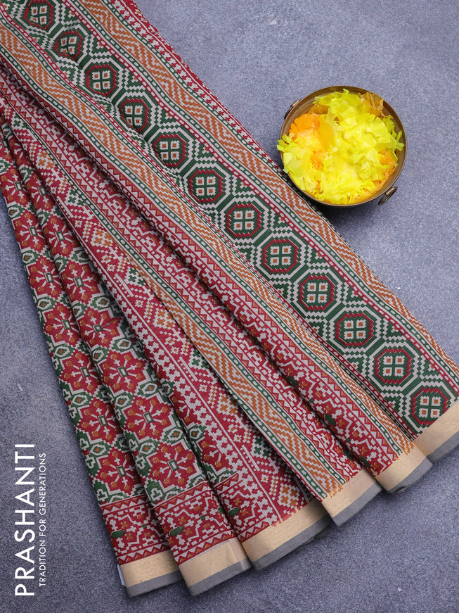 Muslin cotton saree green and maroon with allover ikat prints and zari woven border