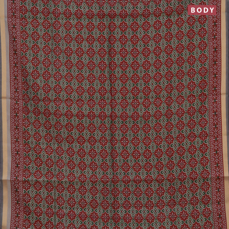 Muslin cotton saree green and maroon with allover ikat prints and zari woven border