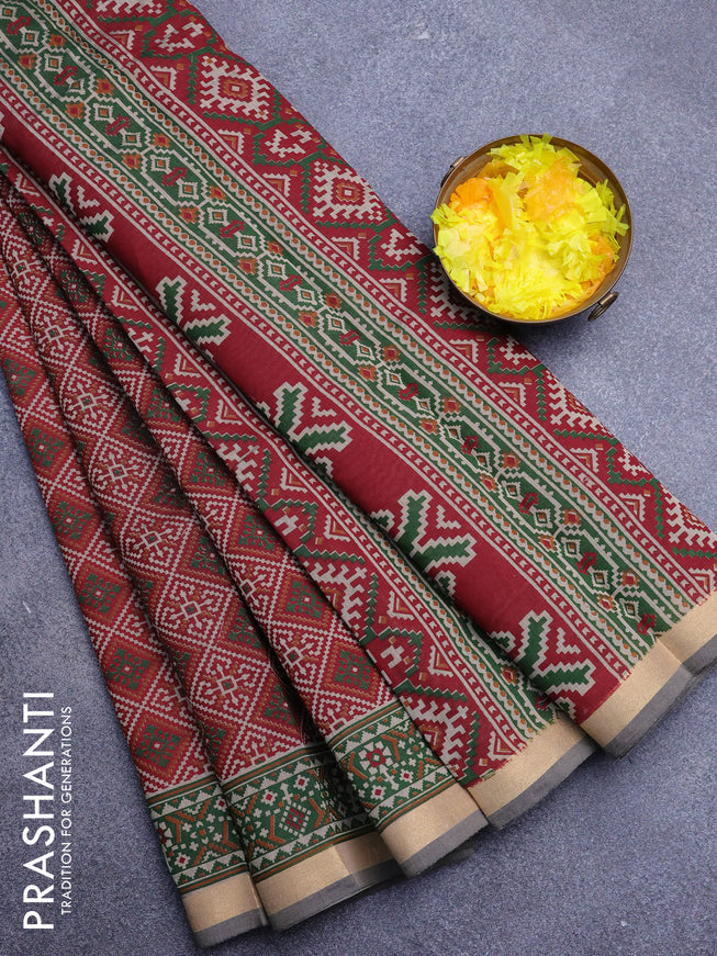 Muslin cotton saree maroon and green with allover ikat prints and zari woven border