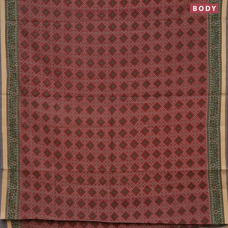 Muslin cotton saree maroon and green with allover ikat prints and zari woven border