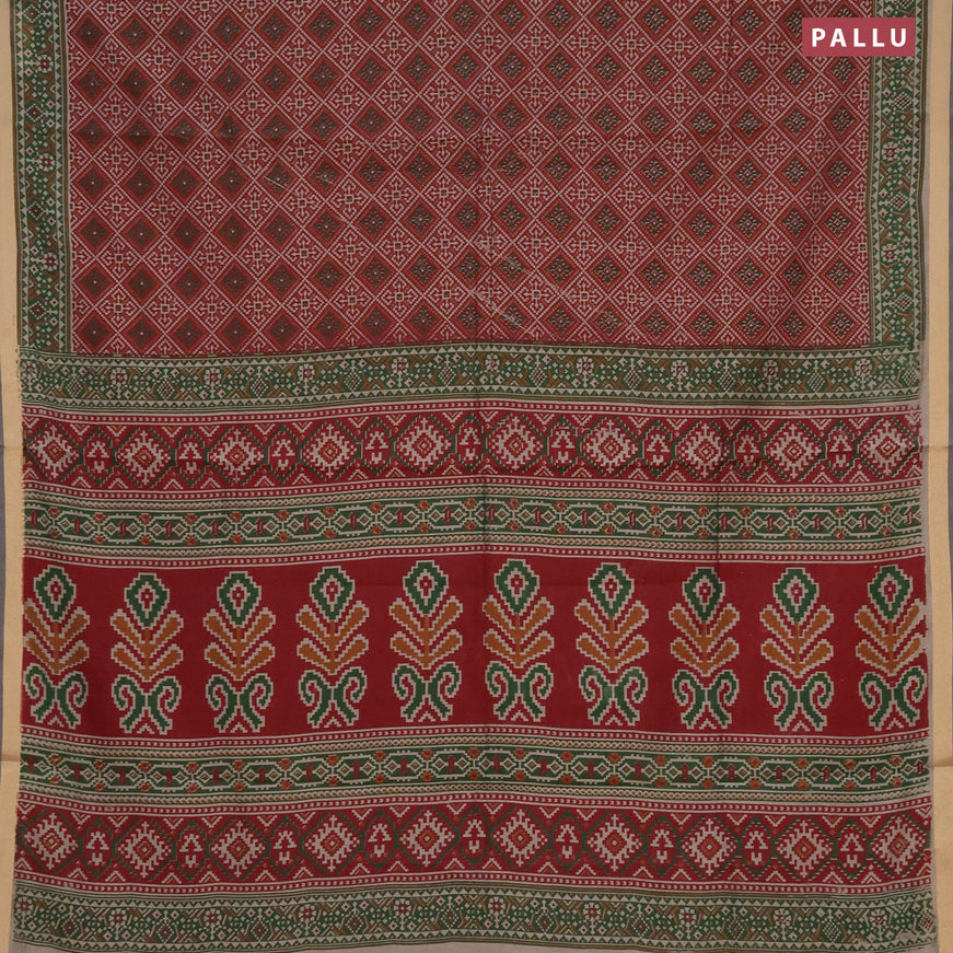 Muslin cotton saree maroon and green with allover ikat prints and zari woven border