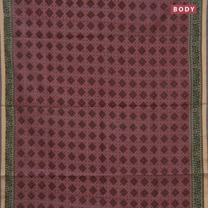 Muslin cotton saree maroon shade and green with allover ikat prints and zari woven border