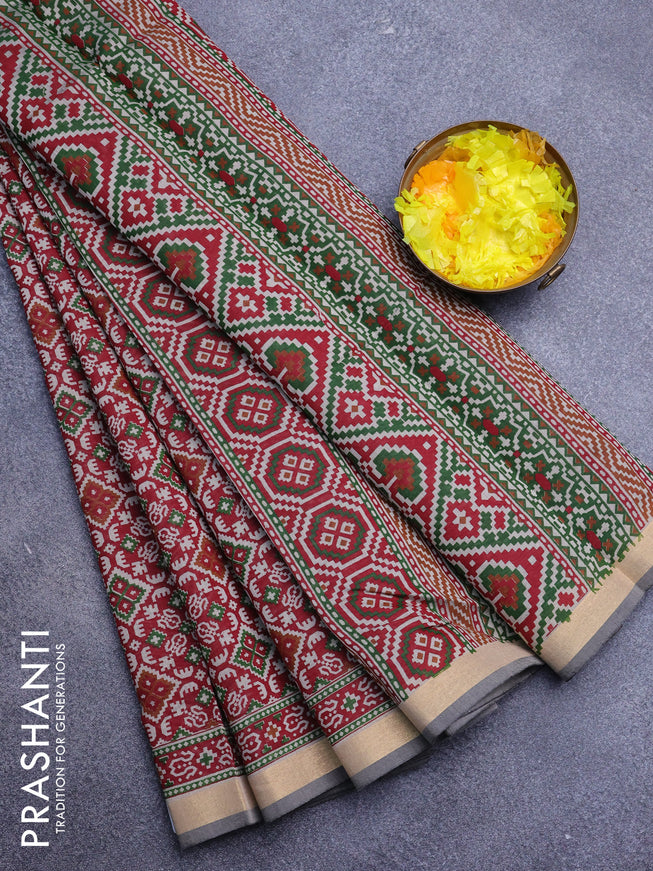 Muslin cotton saree maroon and grey with allover ikat prints and zari woven border