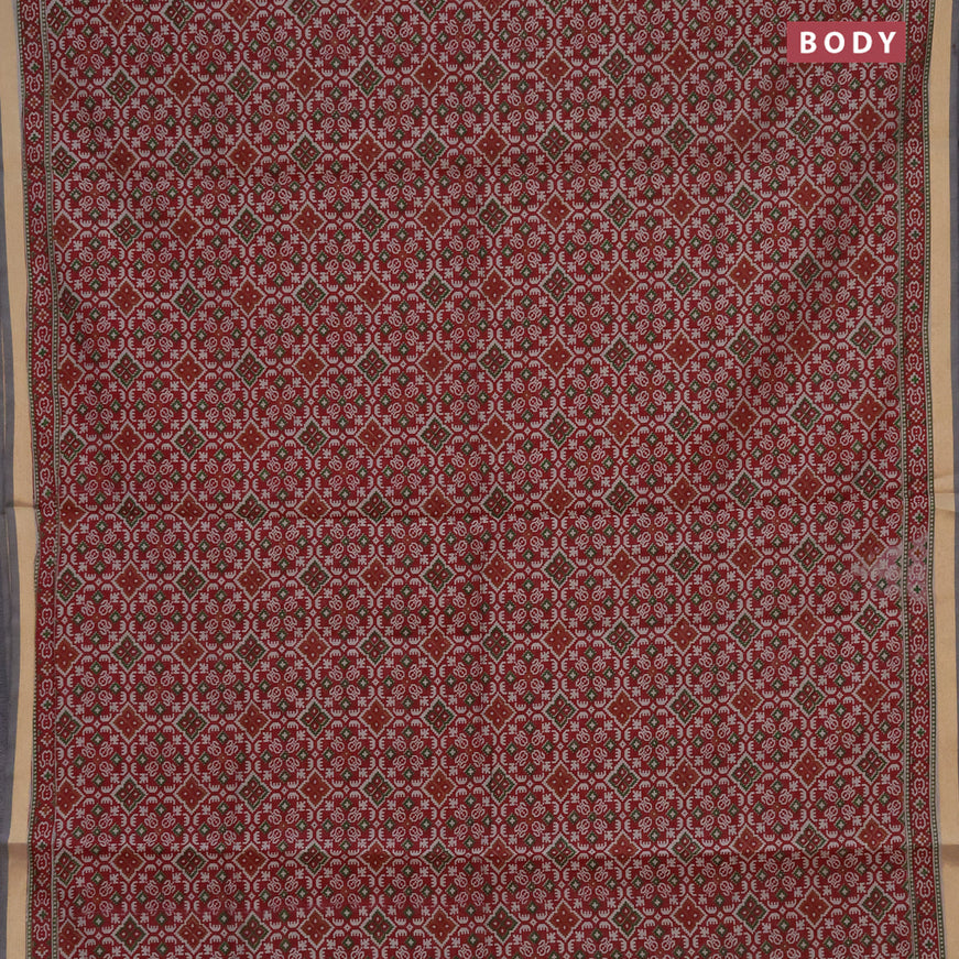 Muslin cotton saree maroon and grey with allover ikat prints and zari woven border