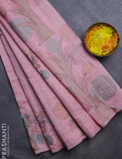 Crush embroidery saree peach pink shade with allover zari checks & embroidery work buttas in borderless style