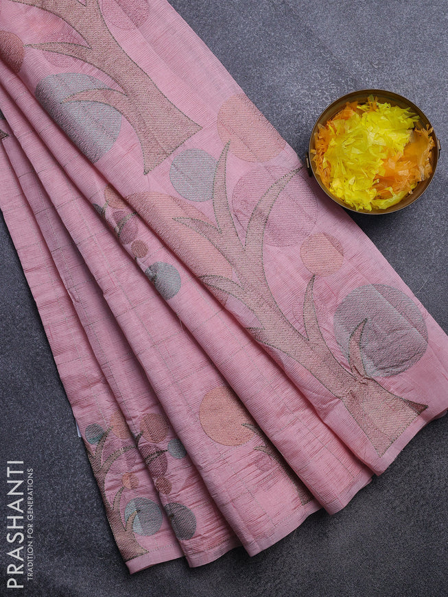 Crush embroidery saree peach pink shade with allover zari checks & embroidery work buttas in borderless style