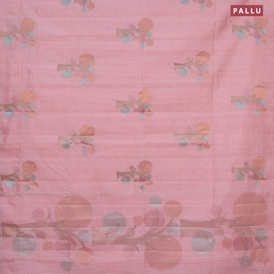 Crush embroidery saree peach pink shade with allover zari checks & embroidery work buttas in borderless style