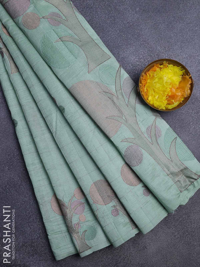 Crush embroidery saree pastel green with allover zari checks & embroidery work buttas in borderless style