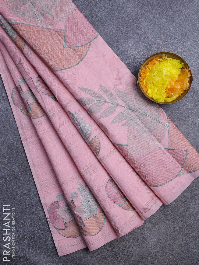 Crush embroidery saree peach pink with embroidery work buttas in borderless style