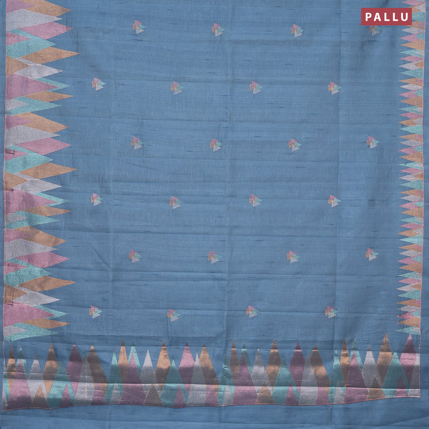 Crush embroidery saree blue shade with embroidery work buttas and temple design embroidery work border