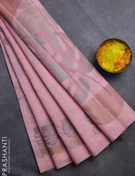 Crush embroidery saree peach shade with allover embroidery work buttas in borderless style