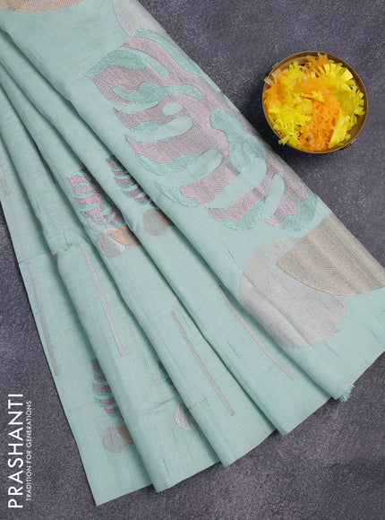 Crush embroidery saree pastel green with allover embroidery work buttas in borderless style