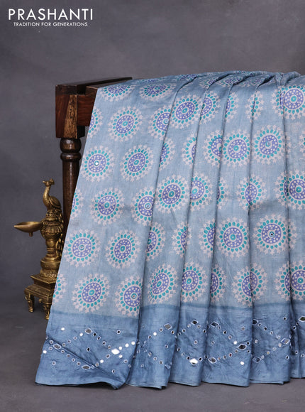 Pure tussar silk saree grey and bluish grey with allover prints & mirror work and mirror embroidery work border