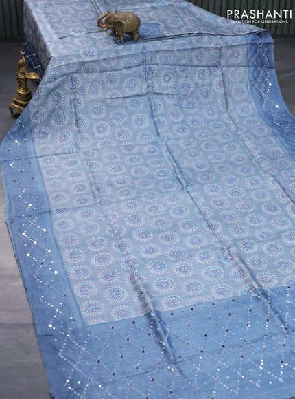 Pure tussar silk saree grey and bluish grey with allover prints & mirror work and mirror embroidery work border