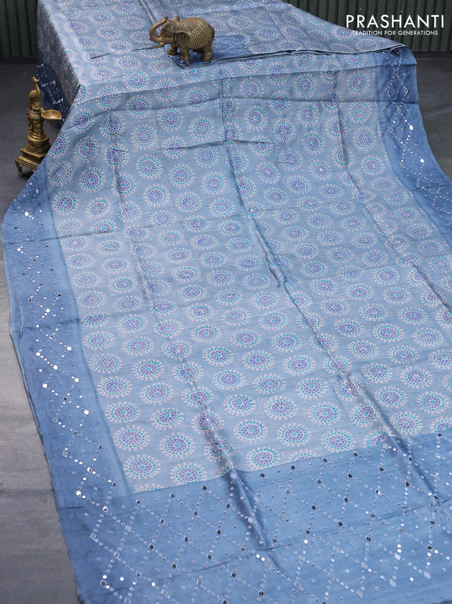 Pure tussar silk saree grey and bluish grey with allover prints & mirror work and mirror embroidery work border