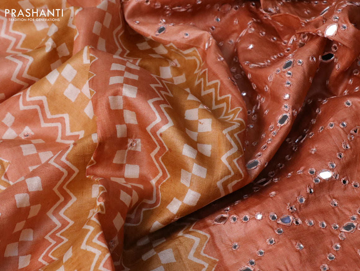 Pure tussar silk saree sandal and pastel peach with allover prints & mirror work and mirror embroidery work border