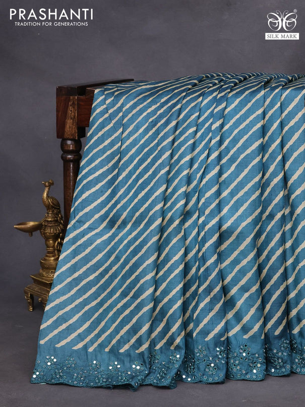 Pure tussar silk saree peacock blue with allover leheriya prints and mirror embroidery work border