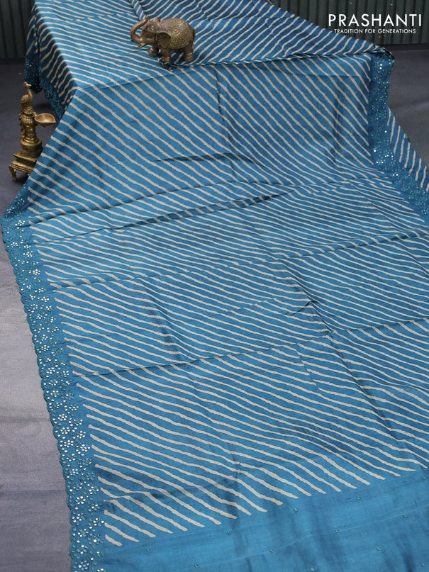 Pure tussar silk saree peacock blue with allover leheriya prints and mirror embroidery work border