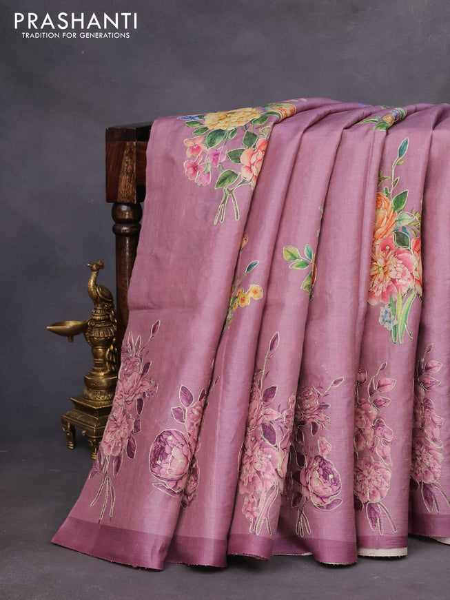 Pure tussar silk saree mild purple with allover floral prints & pita work and simple border