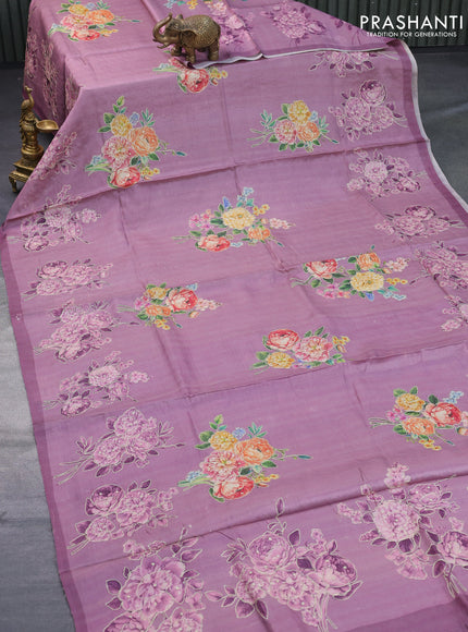 Pure tussar silk saree mild purple with allover floral prints & pita work and simple border