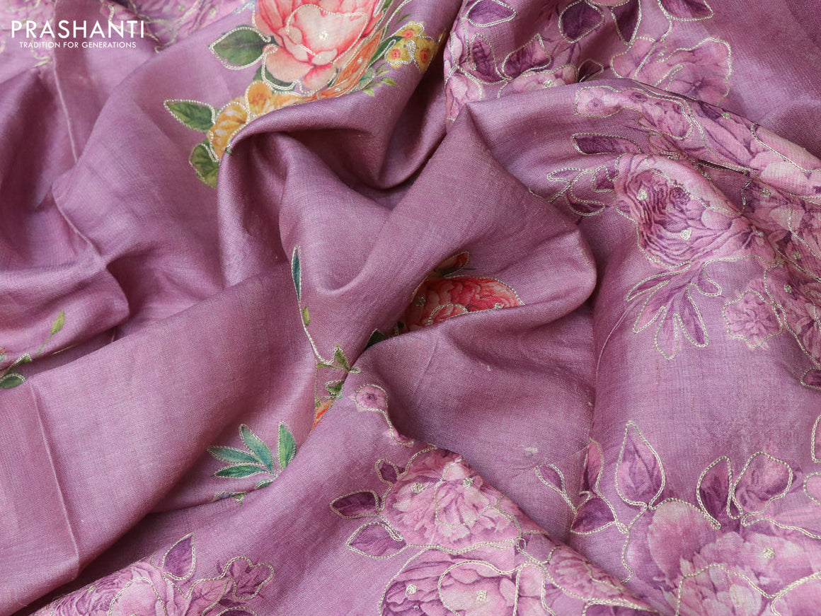 Pure tussar silk saree mild purple with allover floral prints & pita work and simple border