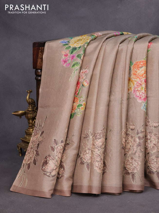 Pure tussar silk saree dark beige with allover floral prints & pita work and simple border