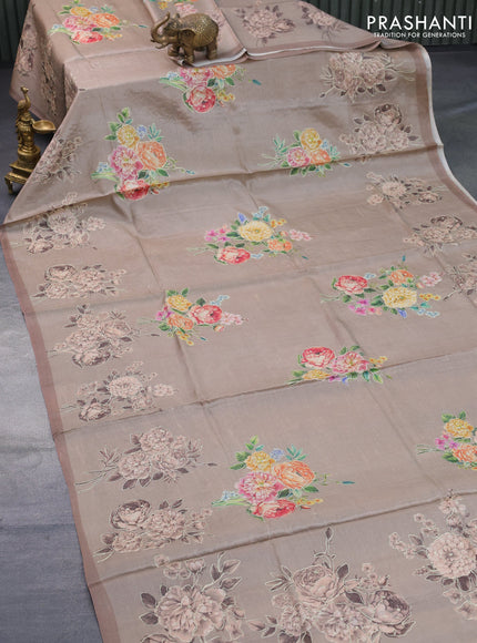 Pure tussar silk saree dark beige with allover floral prints & pita work and simple border