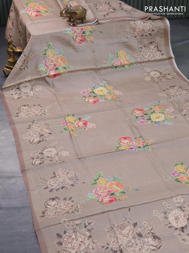 Pure tussar silk saree dark beige with allover floral prints & pita work and simple border