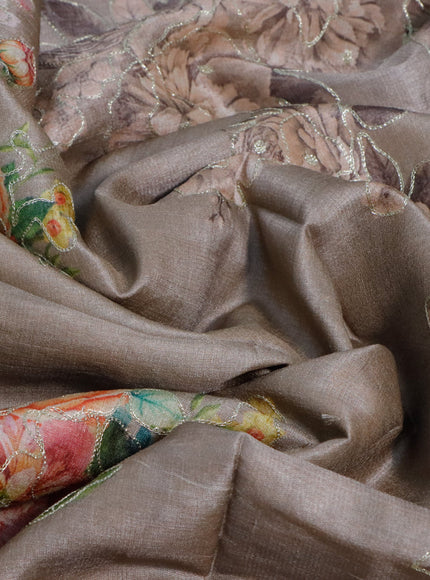 Pure tussar silk saree dark beige with allover floral prints & pita work and simple border