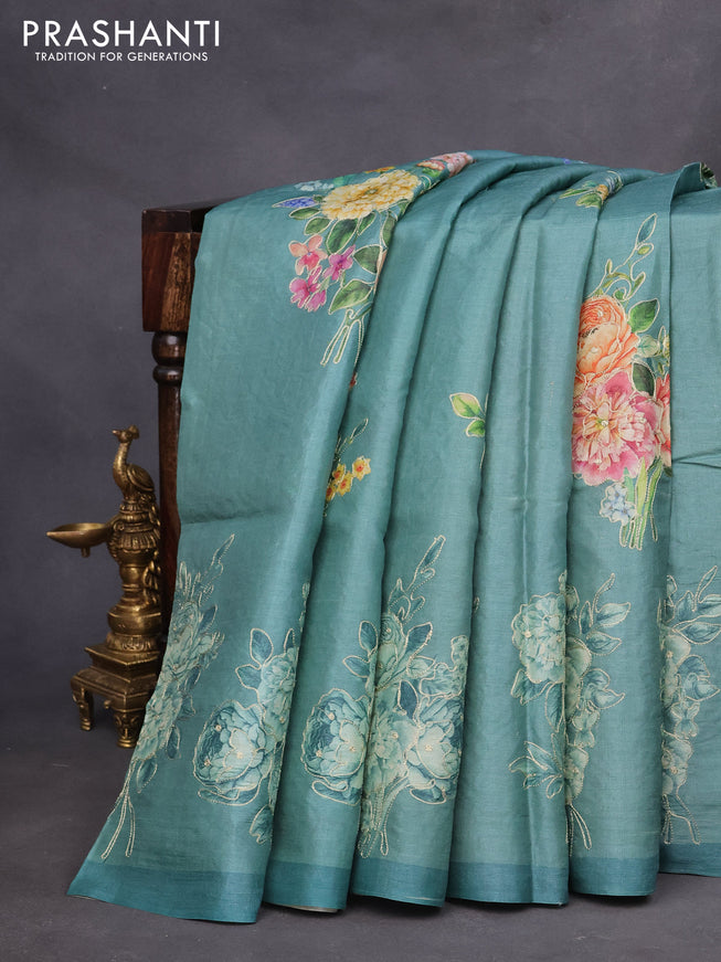 Pure tussar silk saree teal blue shade with allover floral prints & pita work and simple border