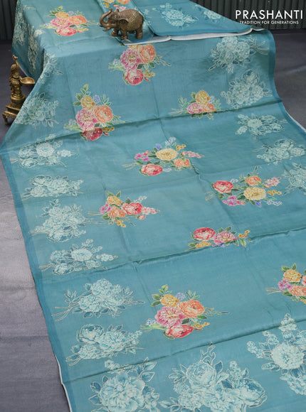 Pure tussar silk saree teal blue shade with allover floral prints & pita work and simple border