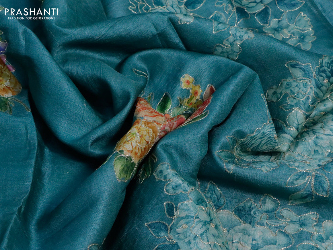 Pure tussar silk saree teal blue shade with allover floral prints & pita work and simple border