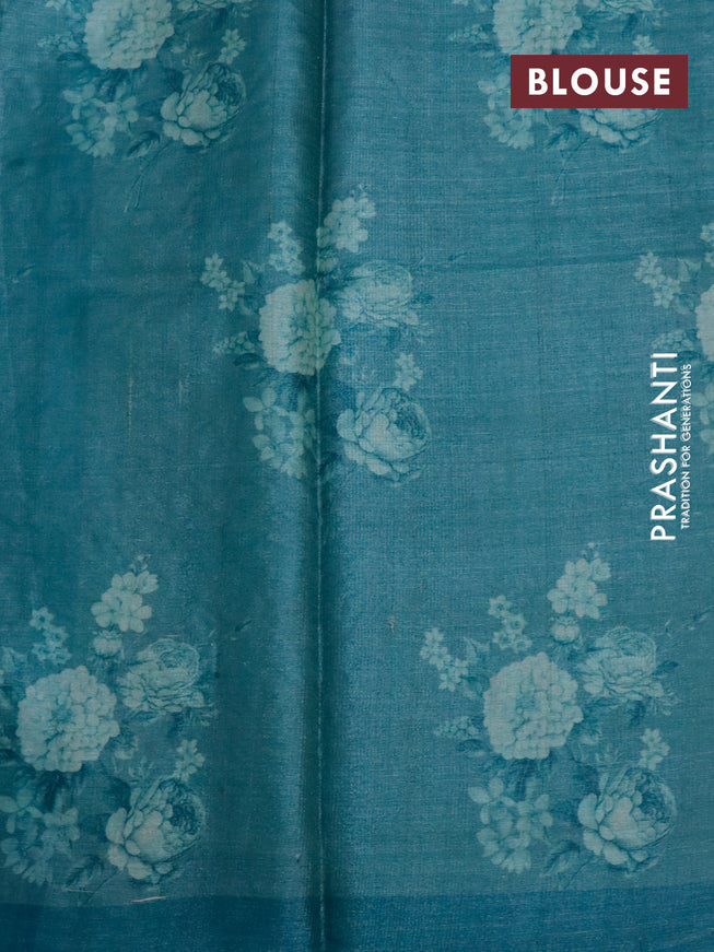 Pure tussar silk saree teal blue shade with allover floral prints & pita work and simple border